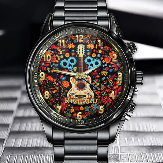 Personalized Day of the Dead Watch with Colorful Skull and Guitar Design