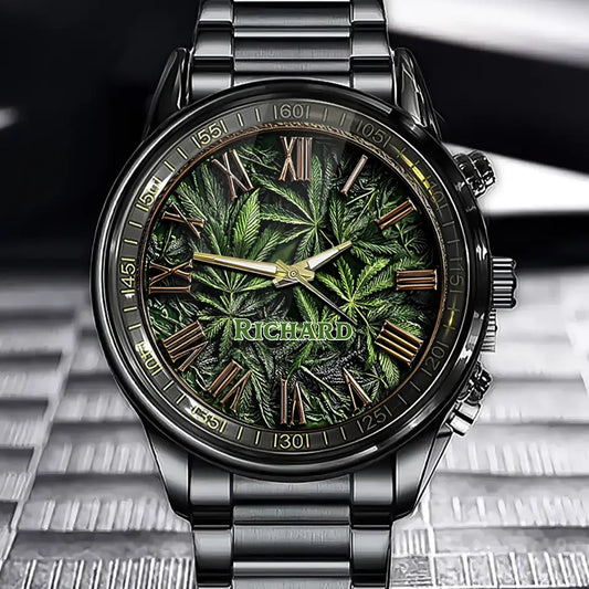 Personalized Name Engraved Watch with Cannabis Leaf Design