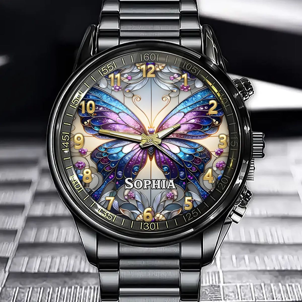 Celestial Butterfly Watch - Custom Name Crystal Art Watch in Royal Blue & Purple