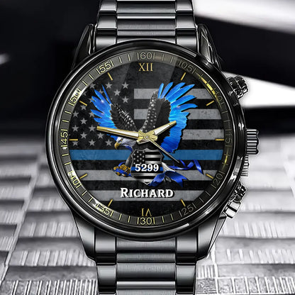 Personalized Thin Blue Line Eagle Watch – Custom Name and Officer Number