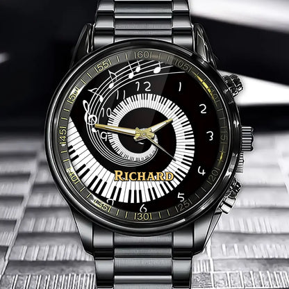 Personalized Music-Themed Watch – Spiral Piano and Notes Design
