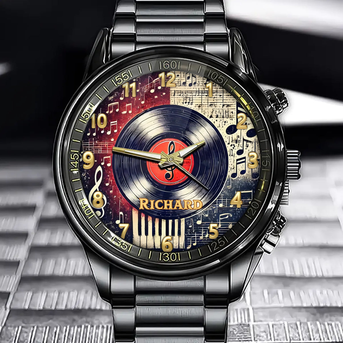 Timeless Symphony – Personalized Vinyl Record-Themed Watch with Your Name