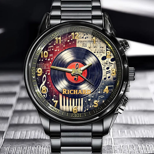 Timeless Symphony – Personalized Vinyl Record-Themed Watch with Your Name
