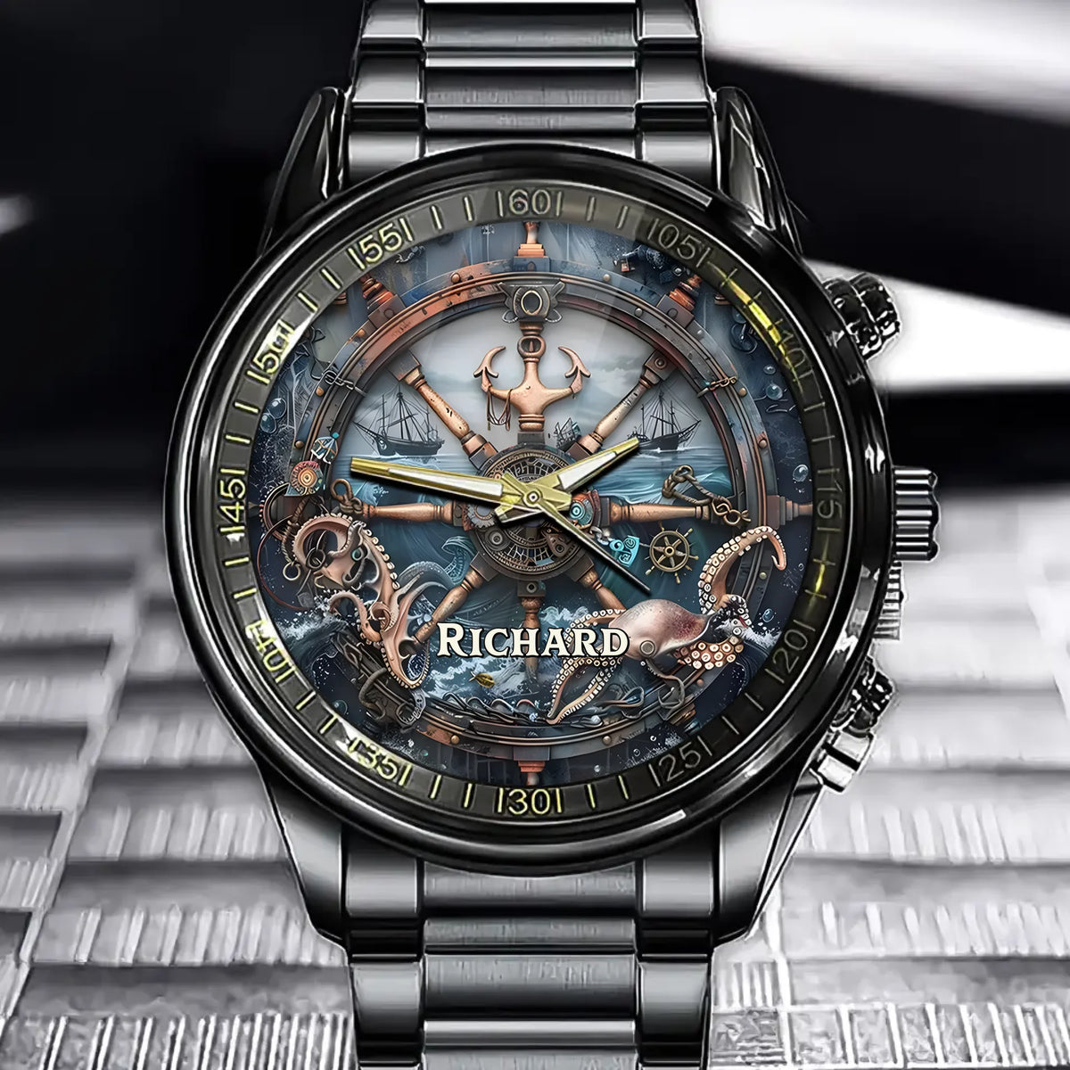 Personalized Steampunk Helm Watch – Custom Name Design with Nautical Flair