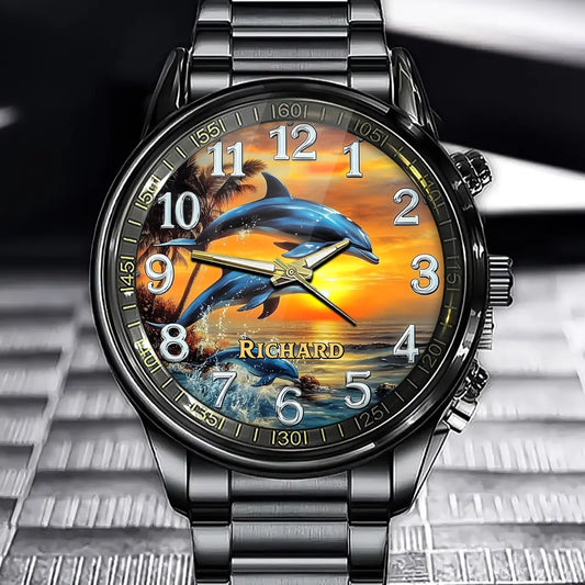 Golden Horizon Dolphin Watch – Personalized Name Design with Sunset Dolphins