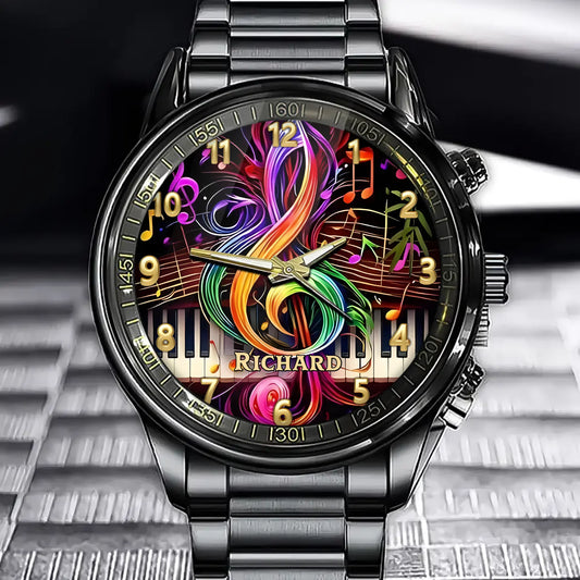 Creative Music Watch Face with Personalized Name and Colorful Design Elements