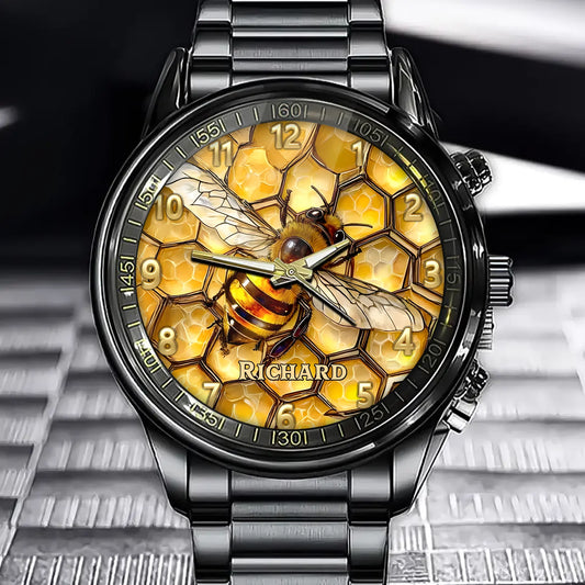 Custom Name Watch with Artistic Bee and Honeycomb Design
