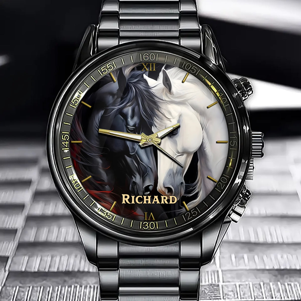 Personalized Harmony Watch – Black & White Horses Design with Custom Name