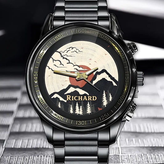 Vinyl Record Sunset Mountain Watch – Custom Name Design