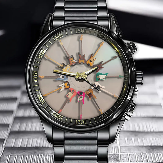 Personalized Rock Around the Clock Bass Guitar Watch for Music Lovers Bright background
