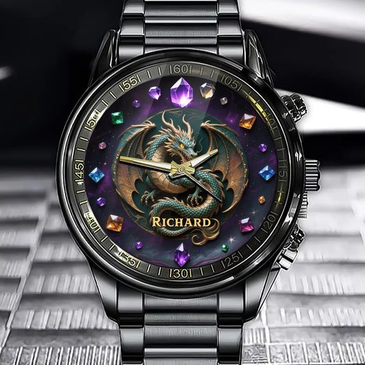 Personalized Dragon Treasure Watch - Your Name on This Magical Gem Design