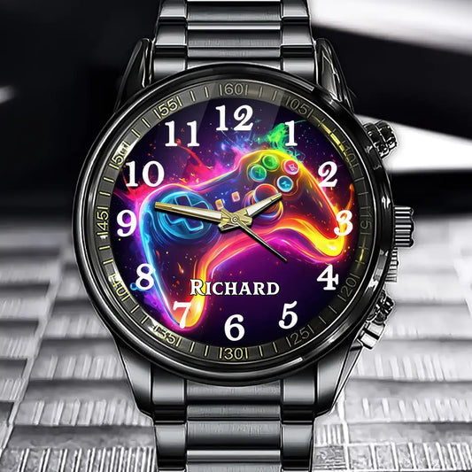 Personalized Vibrant Gamer Watch - Customize This Neon Watch Face with Your Name