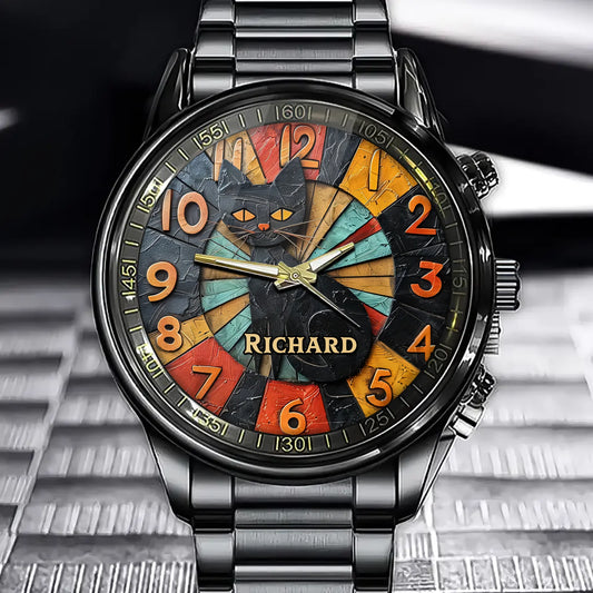 Black Cat Personalized Name Watch, Unique Colorful Dial, Custom Gift for Cat Lovers