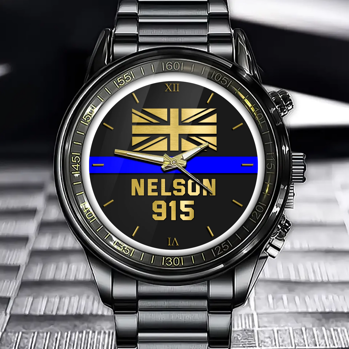 Personalized UK Police Blue Line Custom Name & ID Watch