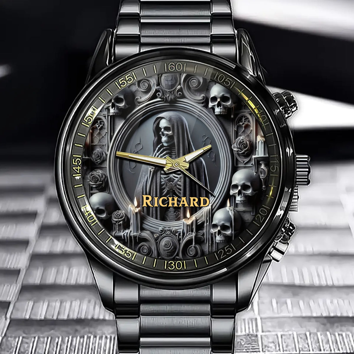 Personalized Gothic Watch - Dark Skeleton Theme with Name Customization