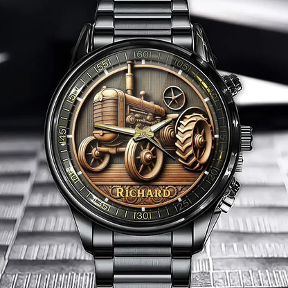 Vintage Tractor Personalized Watch with Your Name on the Dial for a Nostalgic Farm-Inspired Style