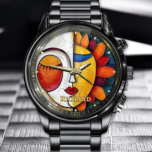 Personalized Abstract Art Sun and Moon Watch - Add Your Name Show Off Your Artistic Style