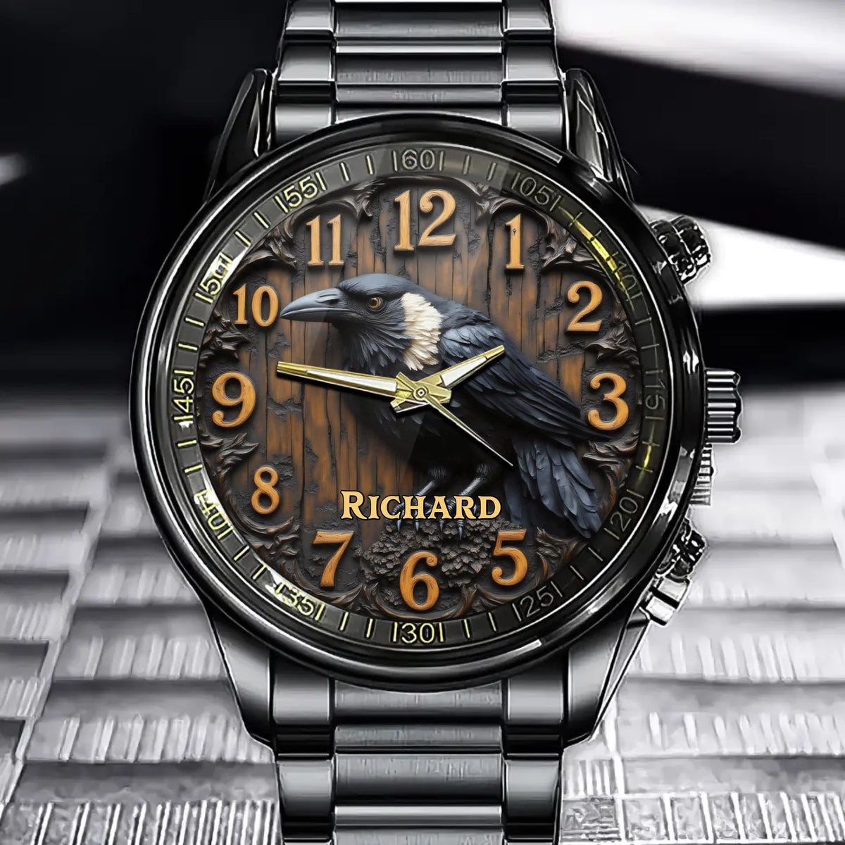 The Call of the Raven - Personalized Gothic Watch with Raven and Custom Name Design