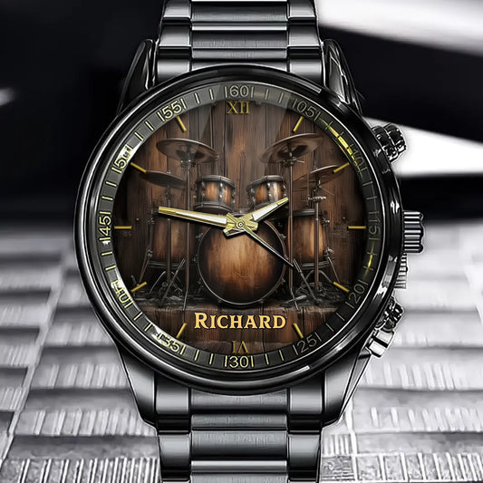 Personalized Rustic Drum Set Watch - Add Your Name to the Heartbeat of Music