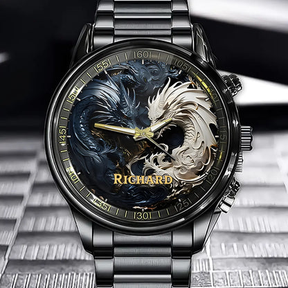 Personalized Yin and Yang Dragon Watch - Add Your Name to the Mythical Design