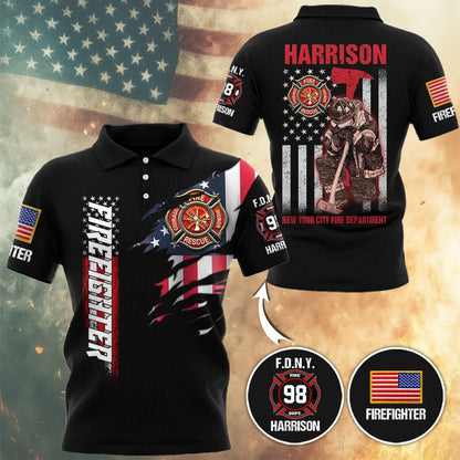 Personalized Firefighter Tribute Shirt Featuring Your Name, Badge Number, and Fire Department Logo