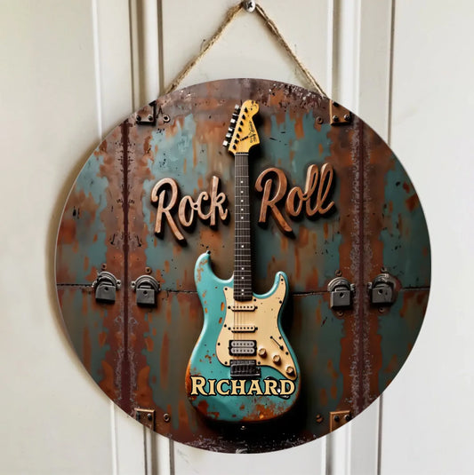 Rock & Roll Vibes – Personalized Guitar Door Sign, Custom Name Design for Music Lovers