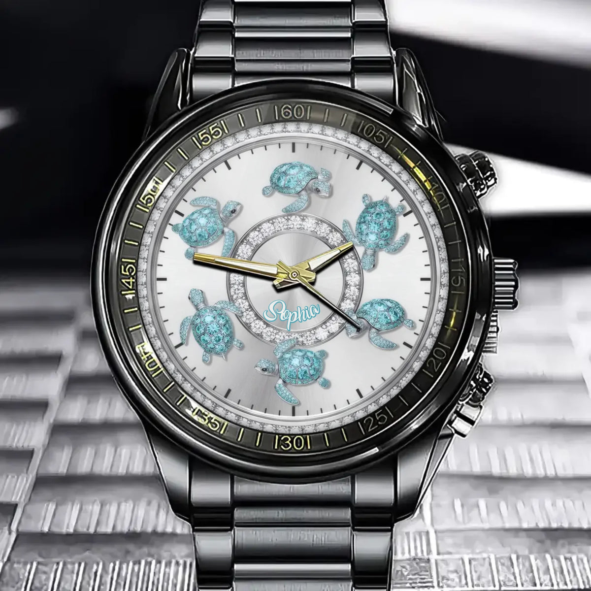 Personalized Name Glittering Turtle Artisan Watch