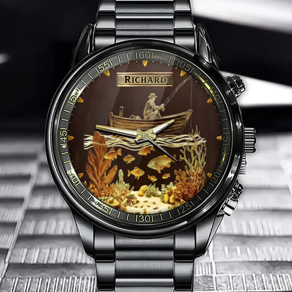 Personalized Angler’s Heritage Watch – Custom Name Fishing Scene