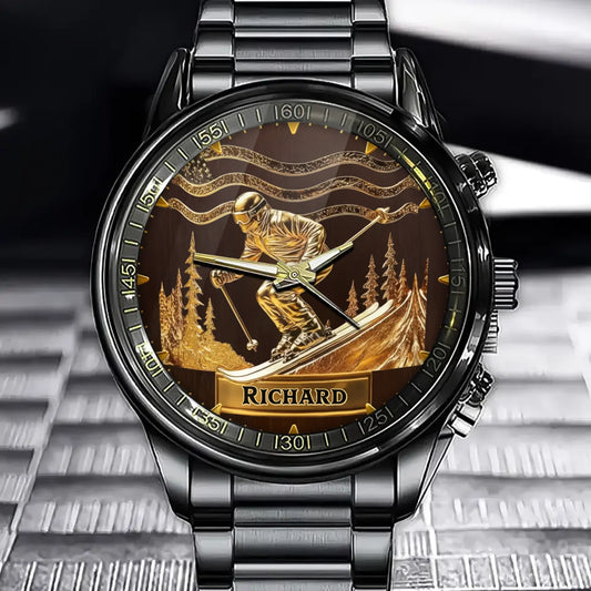 Personalized Skiing Legend Gold Watch – Custom Name Mountain Adventure Edition