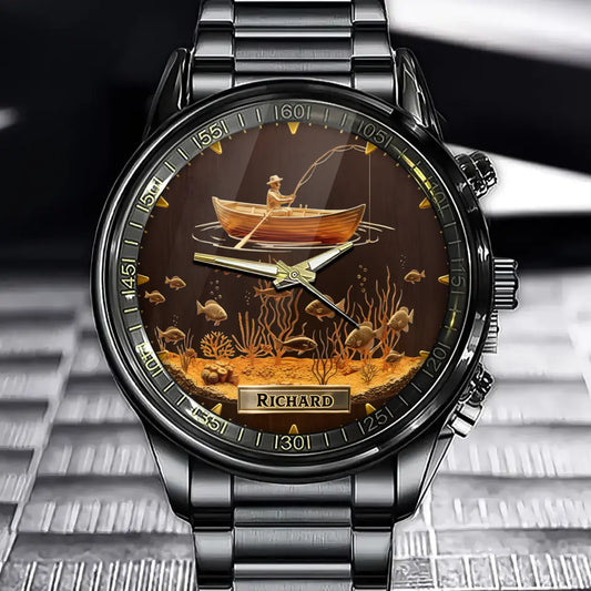 Personalized Golden Fishing Scene Watch – Custom Name Angler Gift