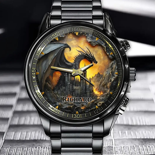 Personalized Medieval Castle & Dragon Watch – Custom Name on Fantasy Dial