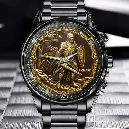 Personalized Knight Watch - Custom Name Option, Intricate Gold Knight Dial Timepiece