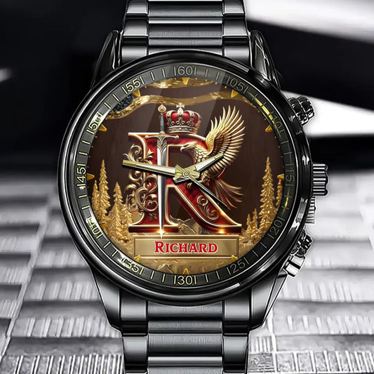 Personalized Engraved A Monogram Watch with Royal Elements - Custom Watch with Sword & Eagle Design