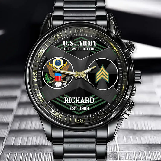 Custom US Military Veteran Watch - Personalized Branch, Rank & Name