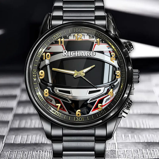 Personalized Racer's Gift Watch - Custom Racing Helmet Design with Motorsport Elements
