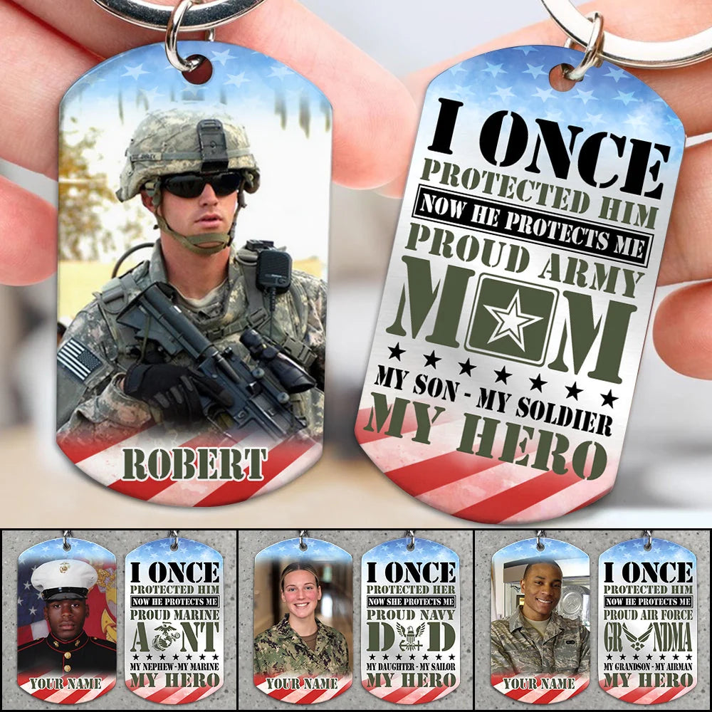 I Once Protected Him Now He Protects Me Custom Aluminum Keychain Gift For Proud Army Mom Dad Family