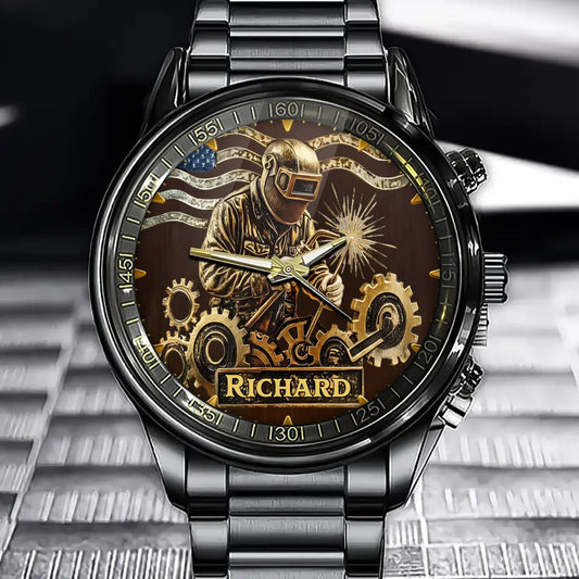 Personalized Hardcore Welder Watch – Gritty Worksite Design Featuring Custom Name