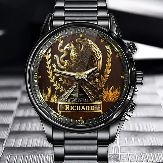 Personalized Mexican Eagle Pyramid Watch - Emblem Dial with Custom Name