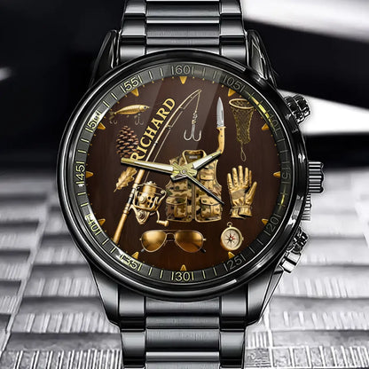 Personalized Fishing Enthusiast Watch - Outdoor Gear Dial with Custom Name Addition