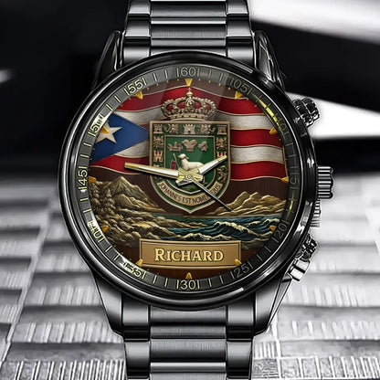 Personalized Puerto Rican-Themed Watch - Customizable Engravings, Adorned With Heraldic And Flag Designs.
