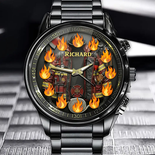 Personalized Firefighter Gear Watch - Heroic Firefighting Equipment Dial with Custom Name Option