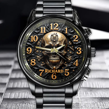 Personalized Gothic Vintage Black & Gold Skull-Embellished Watch – Unique Steampunk Style Statement Timepiece