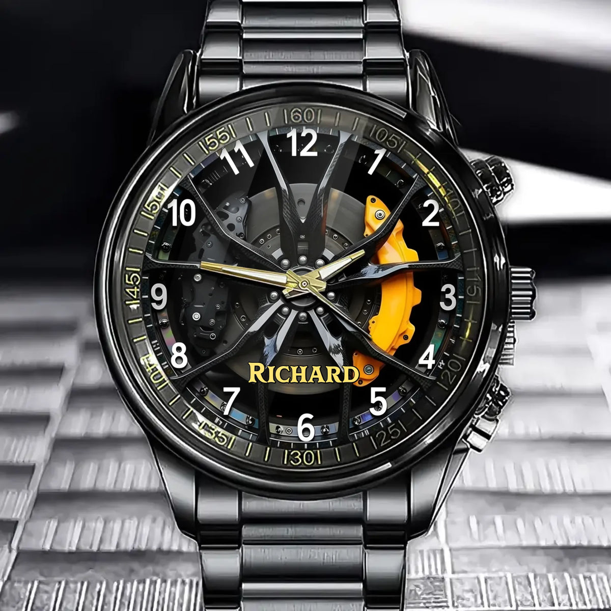 Personalized Car Wheel & Brake Watch - Automotive Themed Dial with Custom Name Option