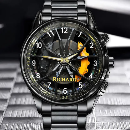 Personalized Car Wheel & Brake Watch - Automotive Themed Dial with Custom Name Option