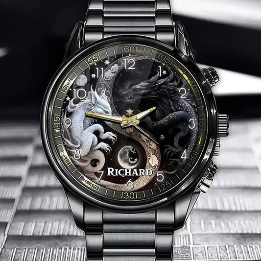 Personalized Yin Yang Dragon Watch – Starry Night & Moon Accent Mystical Gothic Unique Decorative TimepiecePers