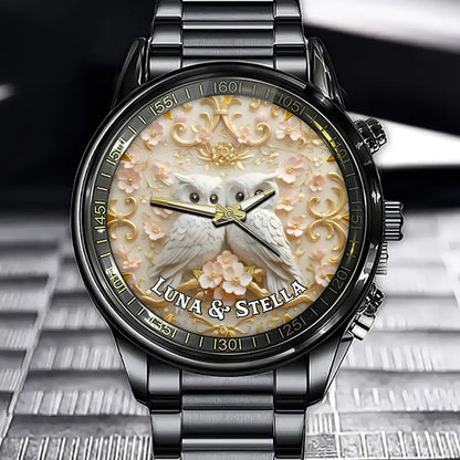 Personalized Cute Couple Owl Watch - Elegant Floral & Gilded Accent Design with Custom Name Option