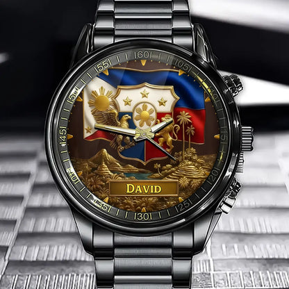 Personalized Proud Philippines Watch - Scenic & Emblem-Inspired Style with Custom Name