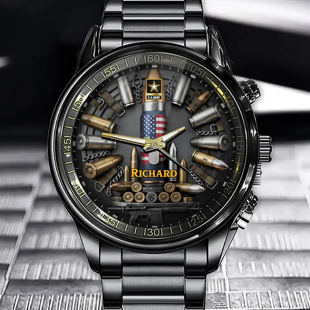 Personalized Military Bullet Watch - A Special Gift for Veterans. Customizable with branch of service and name.