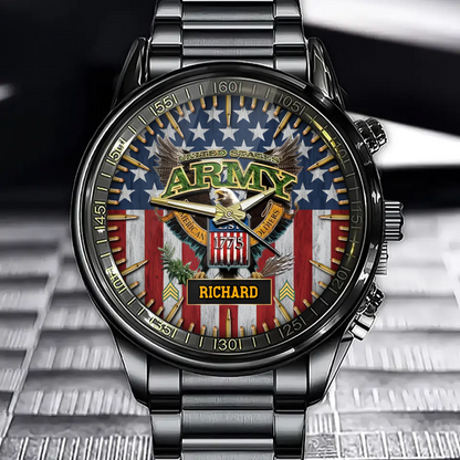 Personalized Military-Themed Watch—Featuring The American Flag And Unit Insignia, And You Can Customize Them By Adding Your Name.