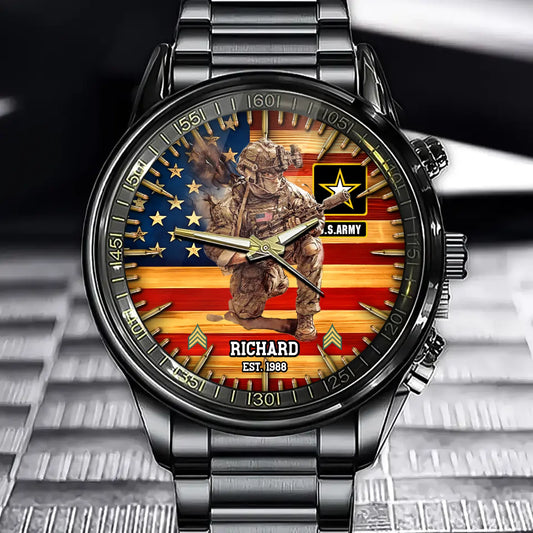Personalized Military Veteran Watch - Custom Rank Name Division Veteran American Rustic Flag Gift For Veterans